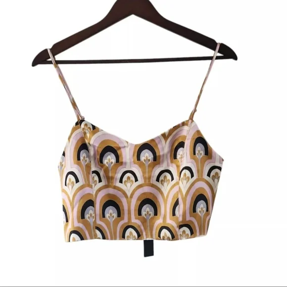 House Of Harlow 1960 Art Deco Printed Crop Top Gold Pink Satin Size L NEW - Picture 1 of 7